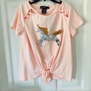 NWT pink sparkly sequins glitter silver unicorn tie front cut out top size large